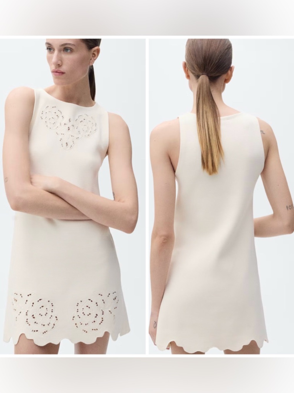 Mango Cream Sleeveless Mini Dress with Laser-Cut Floral Detail